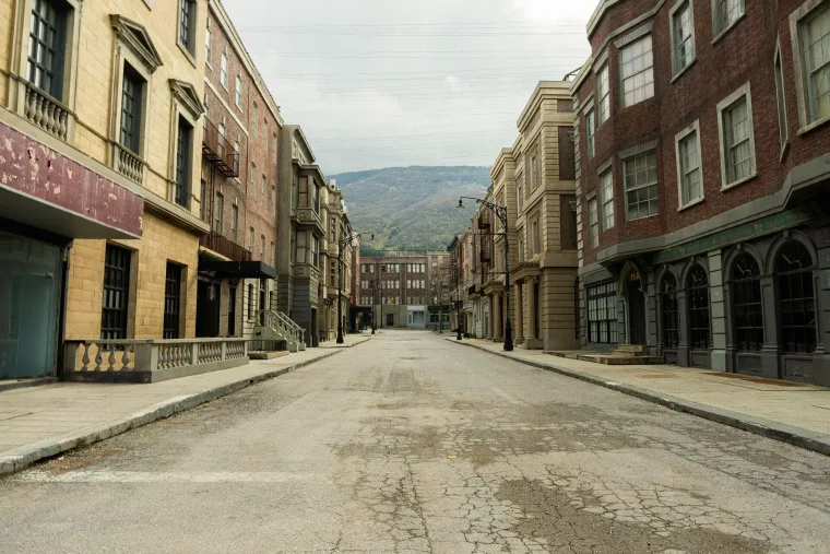 London street backlot near Sofia, with a pub and period shopfronts
