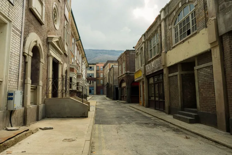 Brick street with period shopfronts on the London backlot near Sofia