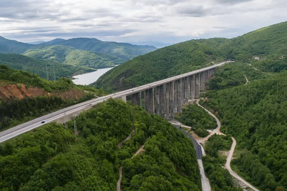 Motorway viaduct crossing a forested valley in the Bulgarian mountains